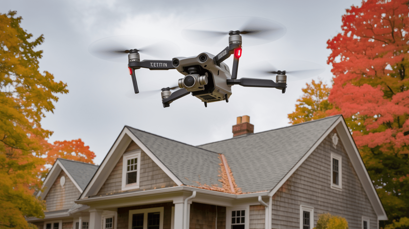 Drone roof inspection in Bridgewater, NJ by Tetti Roofing showing drone camera above residential home