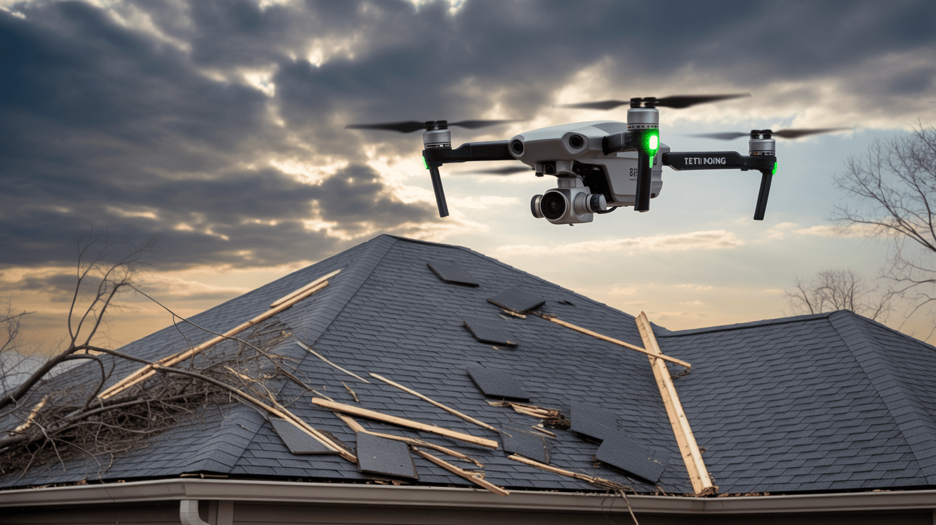 Tetti Roofing drone performing storm damage assessment over a roof in Bridgewater, NJ