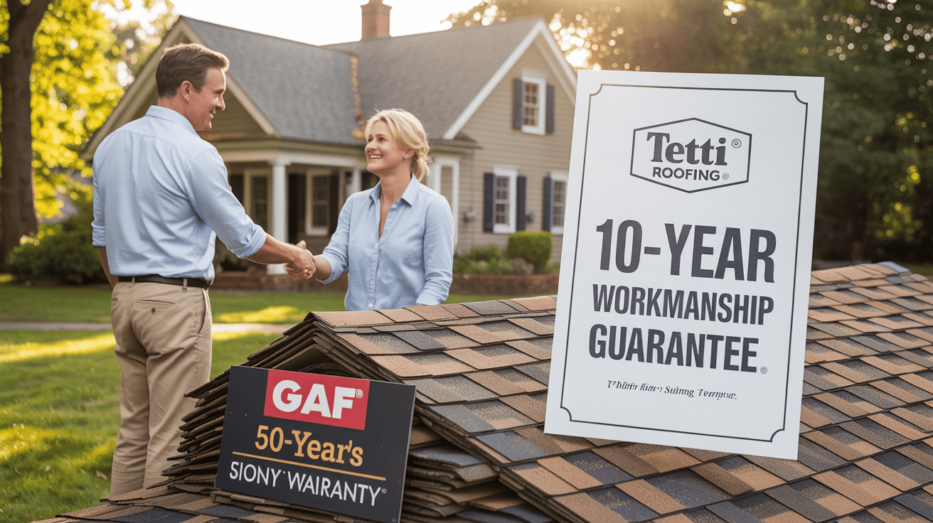 Tetti Roofing workmanship guarantee and 50-year manufacturer warranty proof in Bridgewater, NJ