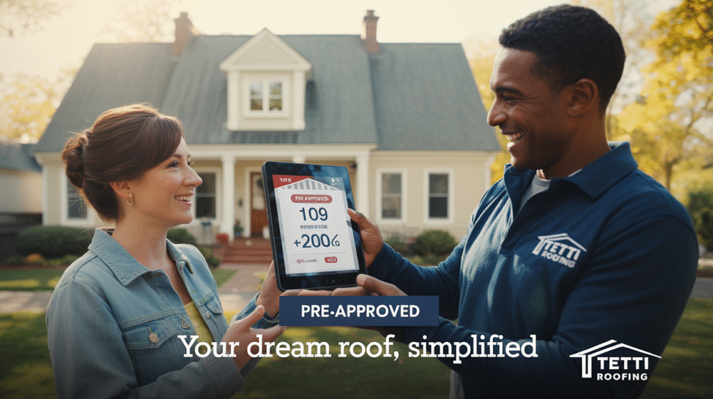Tetti Roofing instant roof quote and financing options shown on tablet for a Bridgewater, NJ home