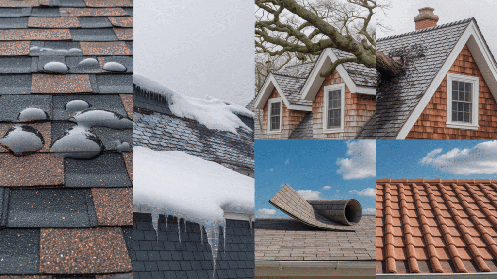 Common causes of roof damage in New Jersey including storms, snow, wind, and falling debris.