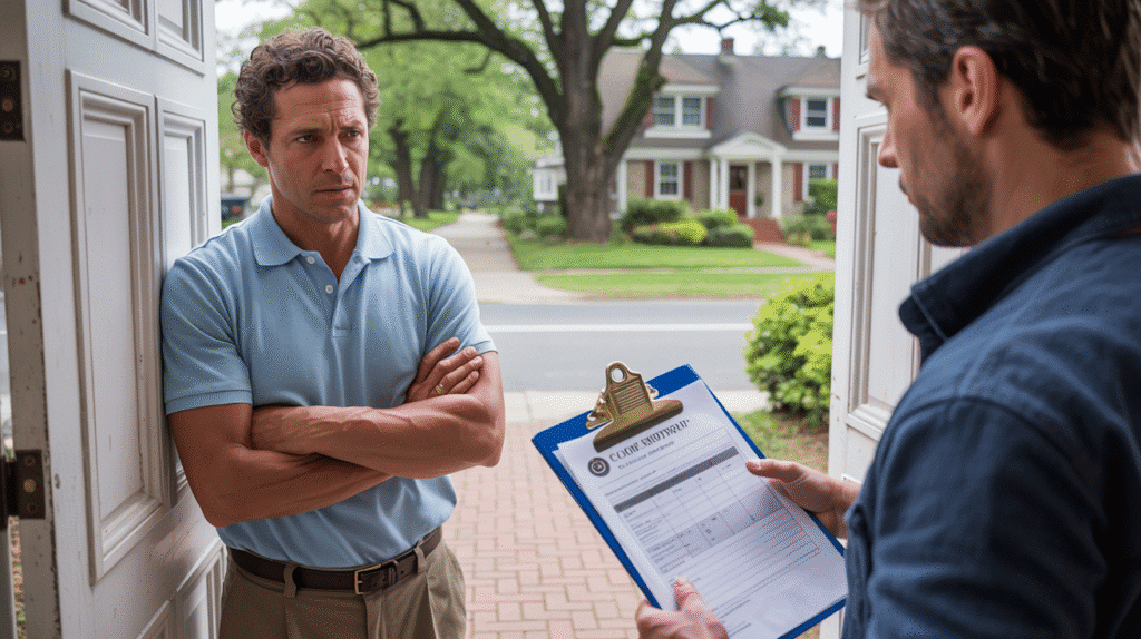 Homeowner in New Jersey avoiding a roofing scam by turning away a fake contractor.