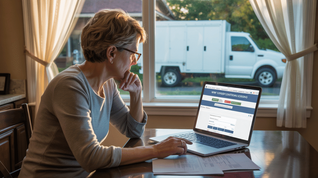 Homeowner in New Jersey checking if a roofing contractor is legitimate using a laptop.