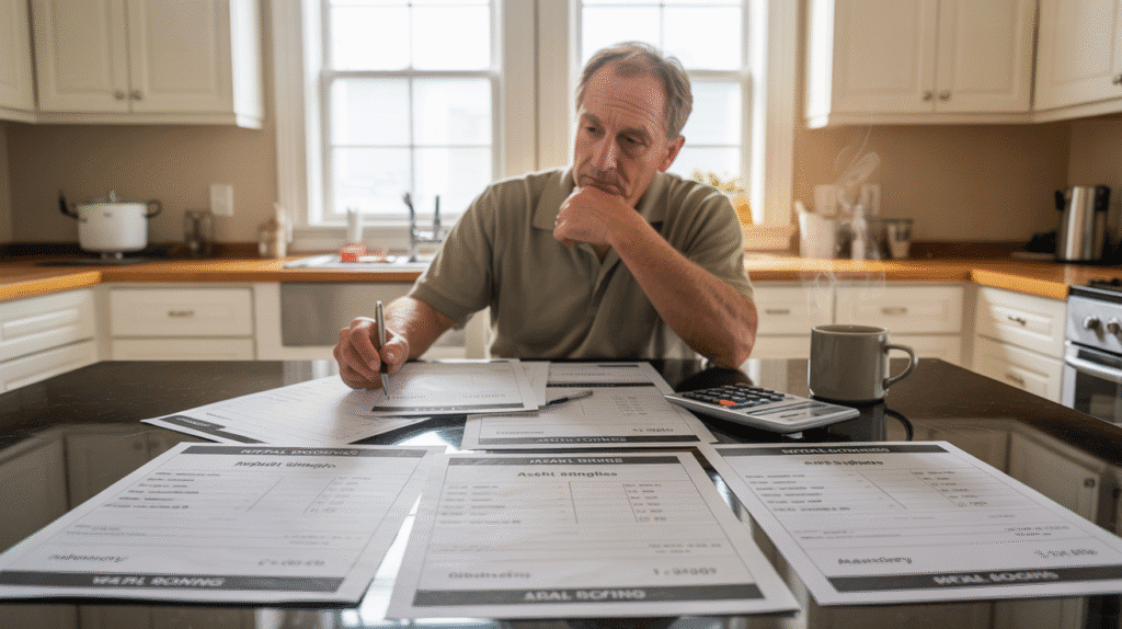 Homeowner in New Jersey comparing roofing estimates from different contractors.