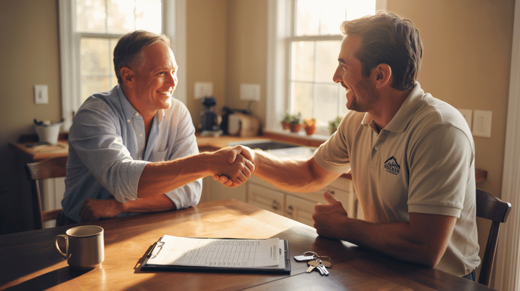 Homeowner in New Jersey negotiating a roofing quote with a local contractor.