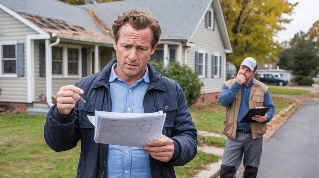 Homeowner in New Jersey reviewing a suspicious roofing estimate from a dishonest contractor