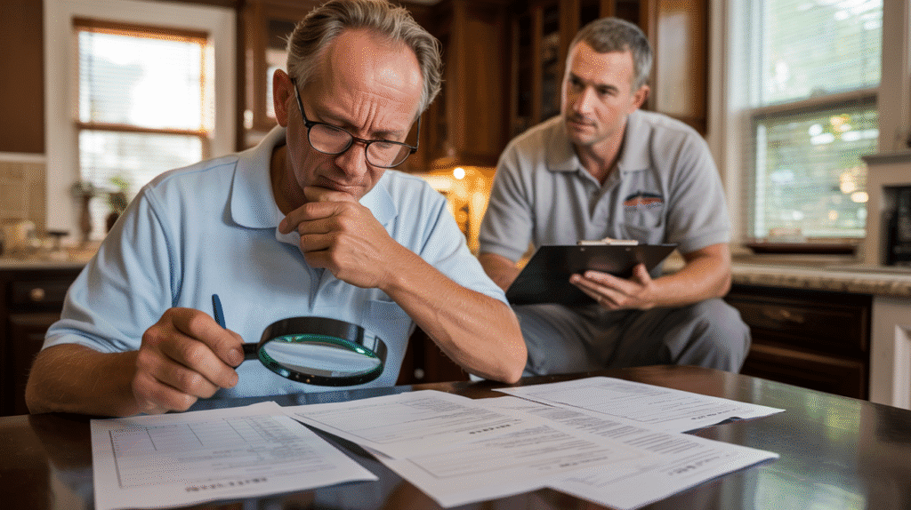 Homeowner in New Jersey reviewing roofing contracts carefully before hiring a contractor.