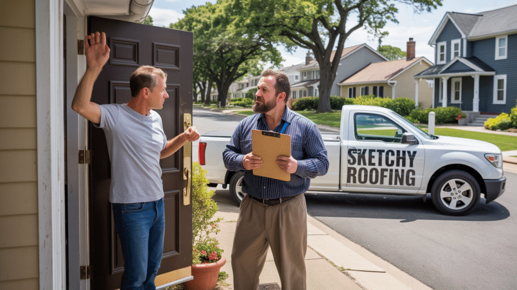 Homeowner in New Jersey avoiding a roofing scam by refusing a dishonest contractor.