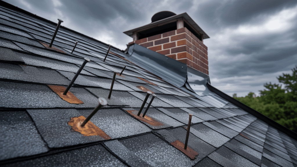 Poor roofing installation in New Jersey with visible shingle misalignment and exposed nails.