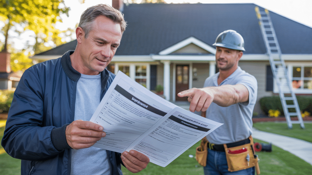 Roofer in New Jersey explaining what’s covered under a roofing warranty to a homeowner
