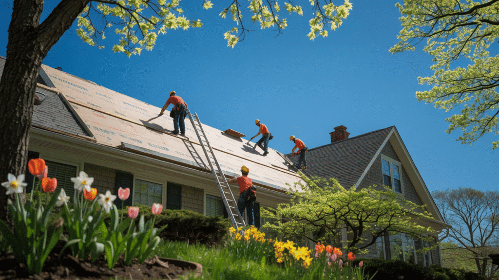 Roofers in New Jersey replacing a roof during the spring season.