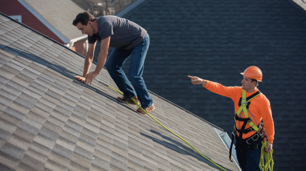 Unsafe roof work in New Jersey showing a homeowner on a roof without proper safety equipment.