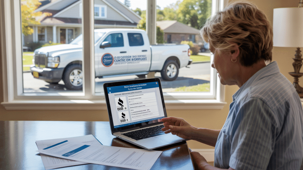 Homeowner verifying a roofing contractor’s reliability online in New Jersey.