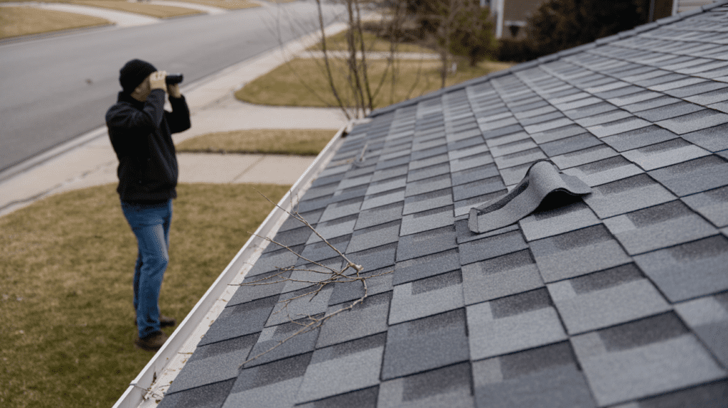 Bridgewater NJ homeowner checking roof for wind damage after December gusts