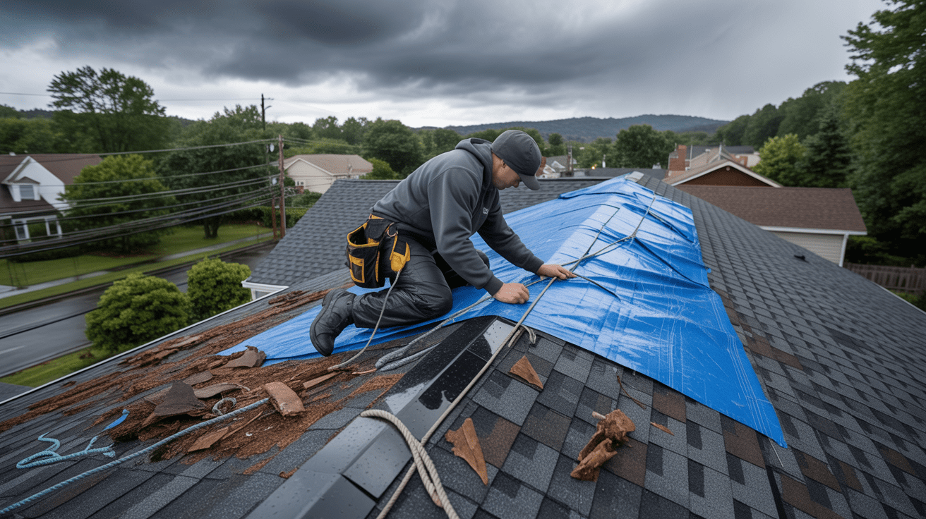 Tetti Roofing performing emergency roof tarping on a storm-damaged Branchburg NJ home