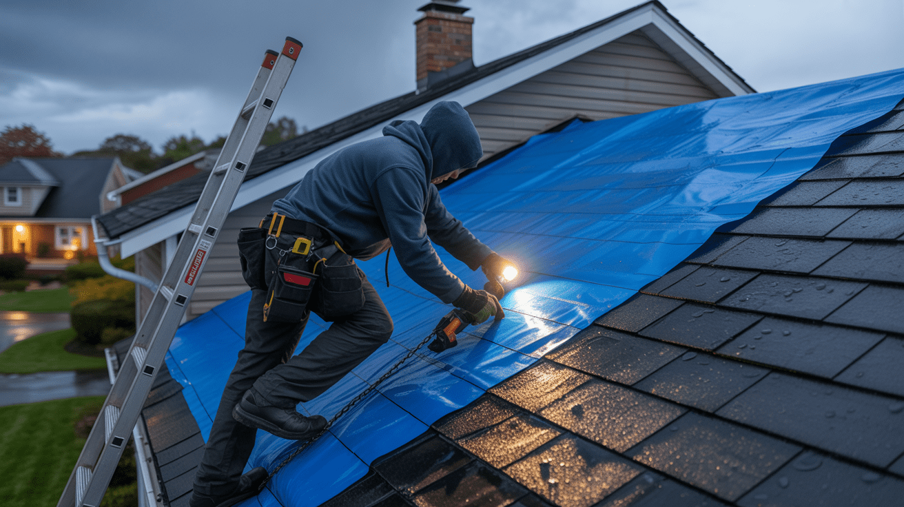 Tetti Roofing applying emergency tarp to storm-damaged roof on Bridgewater NJ home