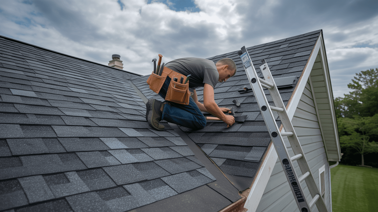 Tetti Roofing technician repairing damaged shingles on a Bridgewater NJ home