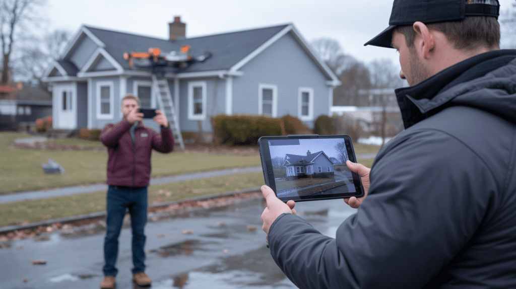 Homeowner in Bridgewater NJ taking storm damage roof photos for an insurance claim