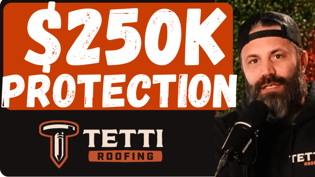 TETTI Roofing $250K roof protection warranty graphic with company logo and owner speaking about roofing coverage in New Jersey
