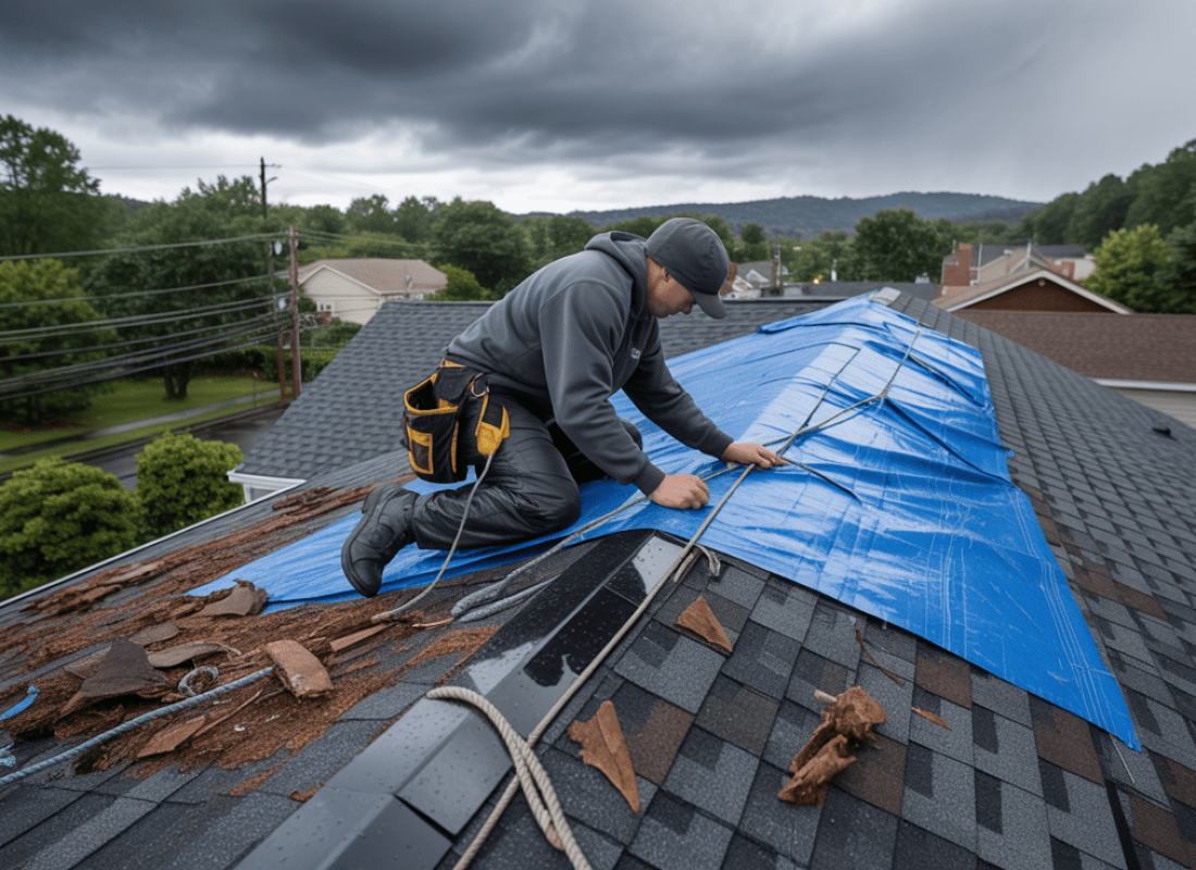 Tetti Roofing performing emergency roof tarping on a storm-damaged Branchburg NJ home